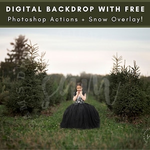 May include: A young girl in a black tulle dress stands in a field of evergreen trees. The trees are in rows and the sky is overcast. The text "DIGITAL BACKDROP WITH FREE Photoshop Actions + Snow Overlay!" is at the top of the image.