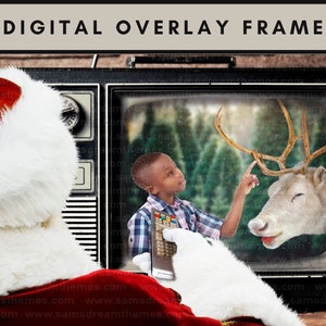 May include: A digital overlay frame featuring a child in a plaid shirt interacting with a reindeer through a vintage television screen. The scene is set in a snowy forest with a Santa Claus figure in the foreground.