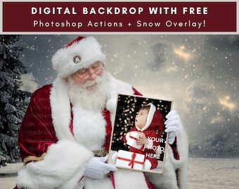Santa Holding A Frame On A Snowy Night, Digital Background, Christmas Backdrop, Santa Picture Frame, Santa Composite PNG, Digital Download