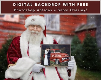 Santa Holding A Picture Frame On The Farm, Christmas Backdrop, Santa Picture Frame, Digital Backdrop, Digital Snow Overlay, Santa Composite