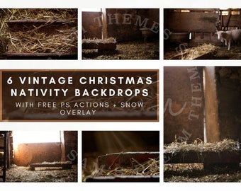 6 Vintage Kerst kerststal achtergronden bundel, een kerstverhaal, land kerstmis, kerstmis pasgeborene, Jezus Kribbe scène, digitale achtergrond