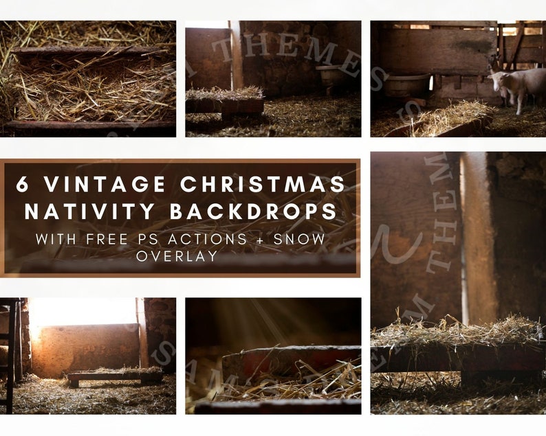 6 Vintage Christmas Nativity Backdrops Bundle, A Christmas Story, Country Christmas, Christmas Newborn, Jesus Manger Scene, Digital Backdrop image 1