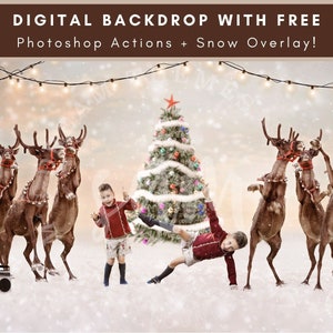 Reindeer Rockin&#39; Around The Christmas Tree, Christmas Backdrop, Dancing Reindeer, North Pole Party, Composite Photo, Digital Backdrop