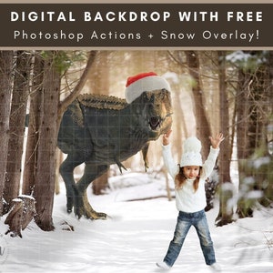 T-Rex Is Hungry For Presents - Digital Background - Christmas Backdrop - Digital Snow Overlay - Dinosaur Digital - Photography Backdrop