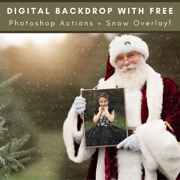 Père Noël dans une ferme d’arbres avec cadre photo, fond numérique, toile de fond de Noël, cadre photo du Père Noël, superposition de neige numérique, téléchargement numérique