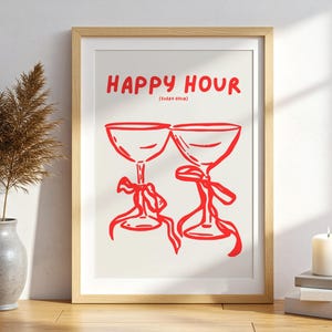 Red Happy Hour Bar Cart Print, Retro Bar Cart Decor, Red Wall Art, Trendy Wall Art, Bar Cart Print, Red Cocktail Print, Red Wall Print