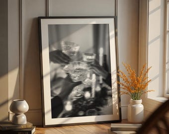 Black and White Bar Print | Retro Cheers Wall Art | Cocktail Glass Photo | Bar Cart Decor | Kitchen Printable Art | Digital Download