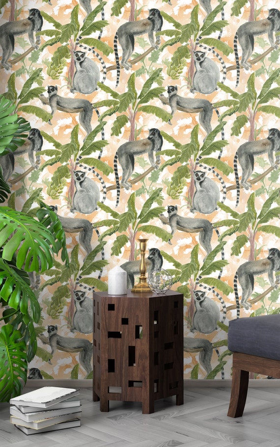 Wallpaper Tropical Jungle Gray Lemus In Green Palm Trees On Etsy