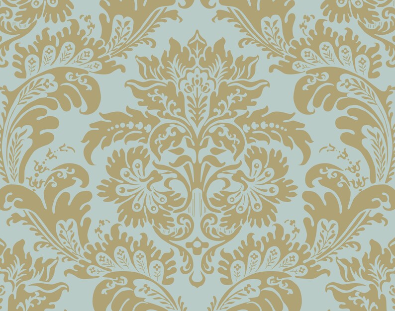 Wallpaper Damask Sage Geometric Green Yellow Gold Floral Large | Etsy