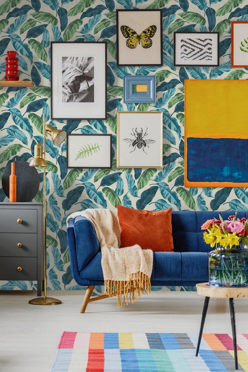 Wallpaper Tropical Botanical Jungle Green Sky Slate Blue Etsy
