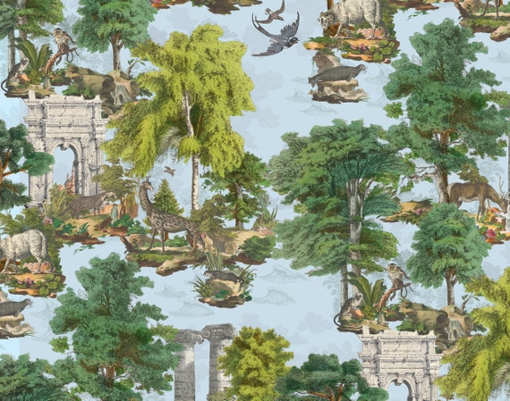 Wallpaper Jungle Zoo Animals Trees Toile Pattern Historic Etsy
