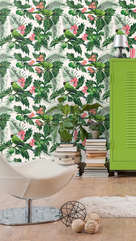 Wallpaper Tropical Botanical Jungle Green Parrot With Pink Etsy
