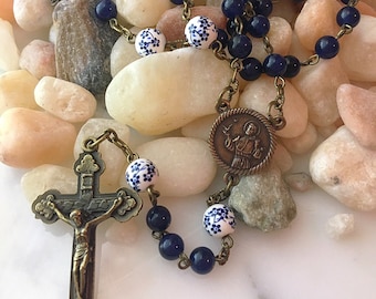 St. Francis of Assisi Bronze Rosary, Blue Sapphire Quartz Gemstone & Blue Floral Ceramic Bead Catholic Rosary Beads, Confirmation Gift