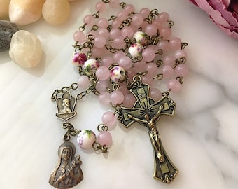 Bronze St. Thérèse & St. Joan of Arc Pink Rose Quartz Rosary Beads, Pink Floral Ceramic Bead Vintage French Style Fleur de Lis Catholic