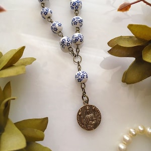 Handmade Bronze St. Raphael Archangel Single Decade Rosary Chaplet, Vintage Style Blue Floral Ceramic Bead Pocket Rosary