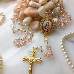 Pink Blessed Mother Rosary, Queen of Heaven Rosary, Our Lady of Victory, Floral Rosary
