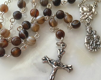 Handmade St. Anthony Rosary, Brown Agate Gemstone Rosary with Our Lady Rose Center & St. Anthony of Padua Medal, 6mm Franciscan Rosary