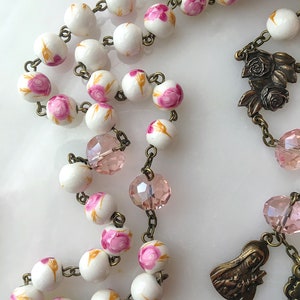 St. Thérèse Bronze Pink Floral Ceramic Bead Rosary, Pink Rose Little Flower Catholic Rosary Beads, Vintage French Style Rosary image 5