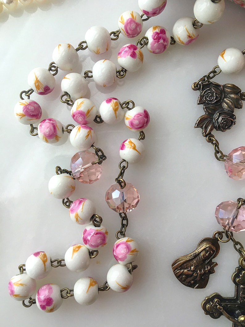 St. Thérèse Bronze Pink Floral Ceramic Bead Rosary, Pink Rose Little Flower Catholic Rosary Beads, Vintage French Style Rosary image 5