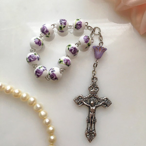 Purple Rose Single Decade Rosary, Violet Floral Pocket Rosary, Czech Glass Lily Rosary, Ceramic Flower Rosary, Vintage French Style