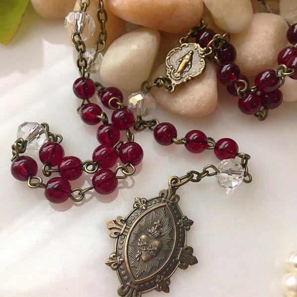 Sacred Heart of Jesus Chaplet, Bronze Chaplet of The Sacred Heart, Antique Style Catholic Chaplet, Vintage French Style Sacred Heart Rosary