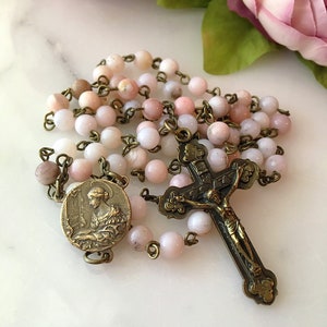 Handmade Pink Opal St. Cecilia Bronze Rosary, Traditional Vintage Style Women’s Catholic Rosary Beads, Patron Saint of Singers & Musicians