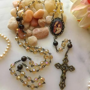 Bronze Virgin Mary & Child Jesus  Rosary, Glass Crystal and Bronzite Catholic Rosary, Vintage Style Ornate Cameo, Rosary Beads