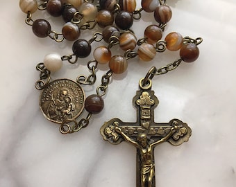 Handmade Bronze St. Joseph Rosary, Brown Striped Agate Bead Vintage French Style Saint Joseph Catholic Rosary Beads, 6mm Gemstones