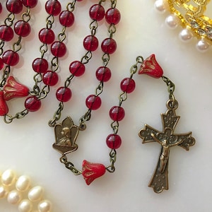 Red St. Joan of Arc Rosary, Bronze Saint Joan of Arc Rosary, Red Quartz Czech Glass Lilies Rosary, Vintage Style French Rosary, Fleur de Lis