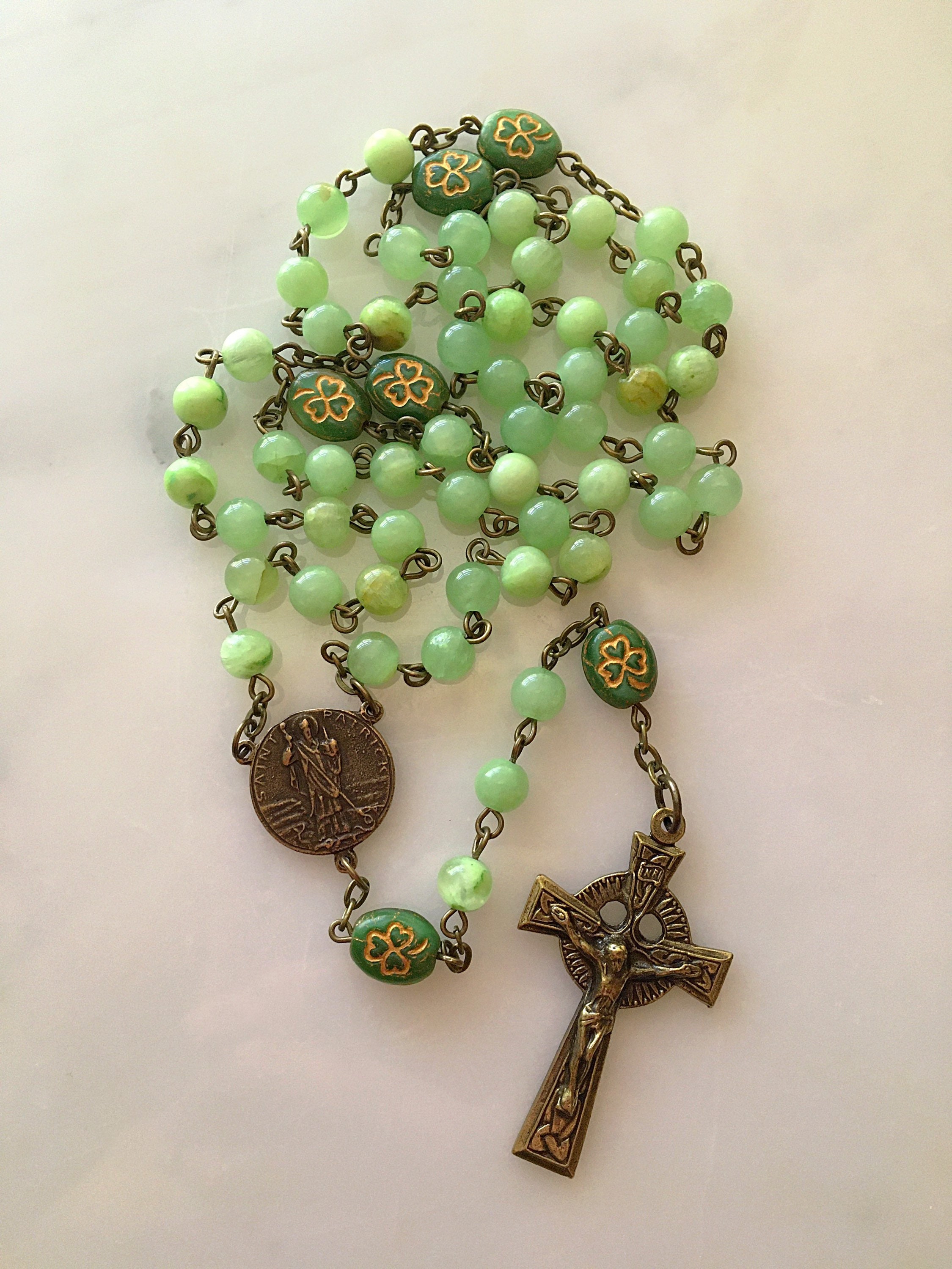 Handmade Bronze St. Patrick Rosary, Green Calcite and Shamrock Bead Saint Patrick Rosary, Vintage Irish St. Patrick’s Day, Celtic Crucifix