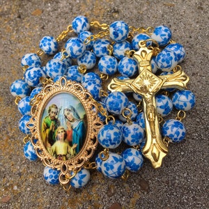 Handmade Holy Family Catholic Rosary, Blue Floral Porcelain Ceramic Bead Rosary, Vintage Style Gold Ornate Jesus, Mary & Joseph Center