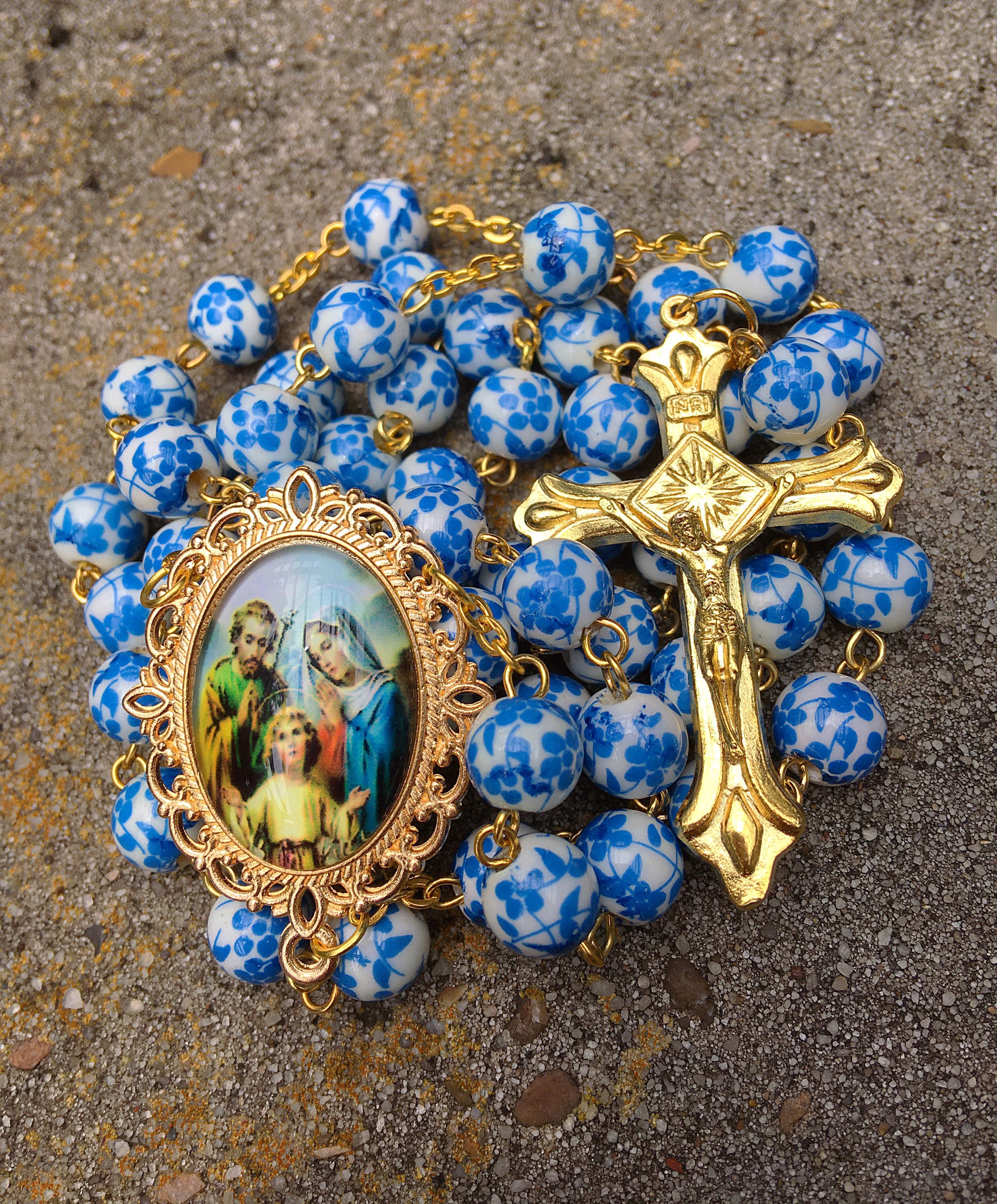 Handmade Holy Family Catholic Rosary, Blue Floral Porcelain Ceramic Bead Rosary, Vintage Style Gold Ornate Jesus, Mary & Joseph Center