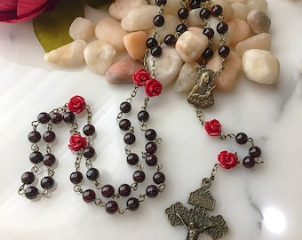 Red Our Lady of Sorrows Rosary, Bronze Sorrowful Mother Rosary, Garnet Rosary, Rose Rosary