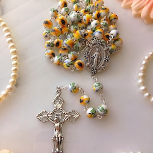 Handmade Sunflower Rosary, Ceramic Floral Sunflower Bead Catholic Rosary, Spring Flower Rosary, Silver Miraculous Medal Center