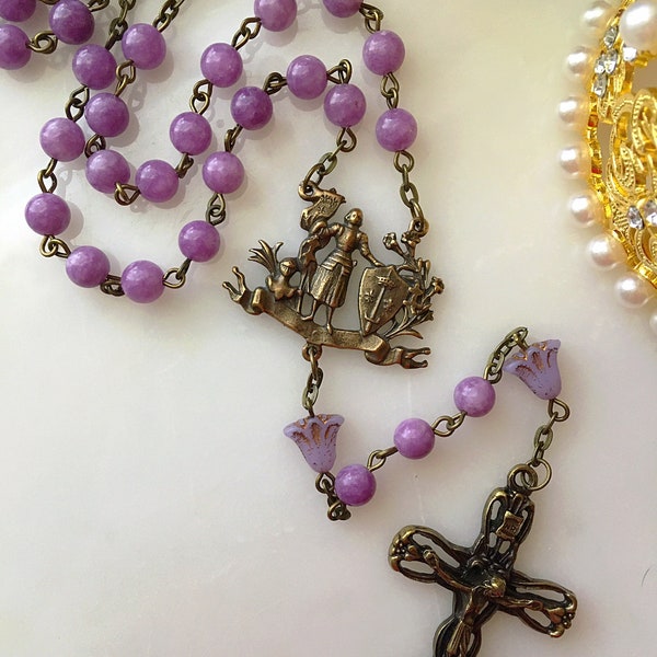 Purple Jade St. Joan of Arc Rosary, Bronze Saint Joan of Arc Rosary, Czech Glass Lily Rosary, Floral Rosary, Vintage French Style Rosary