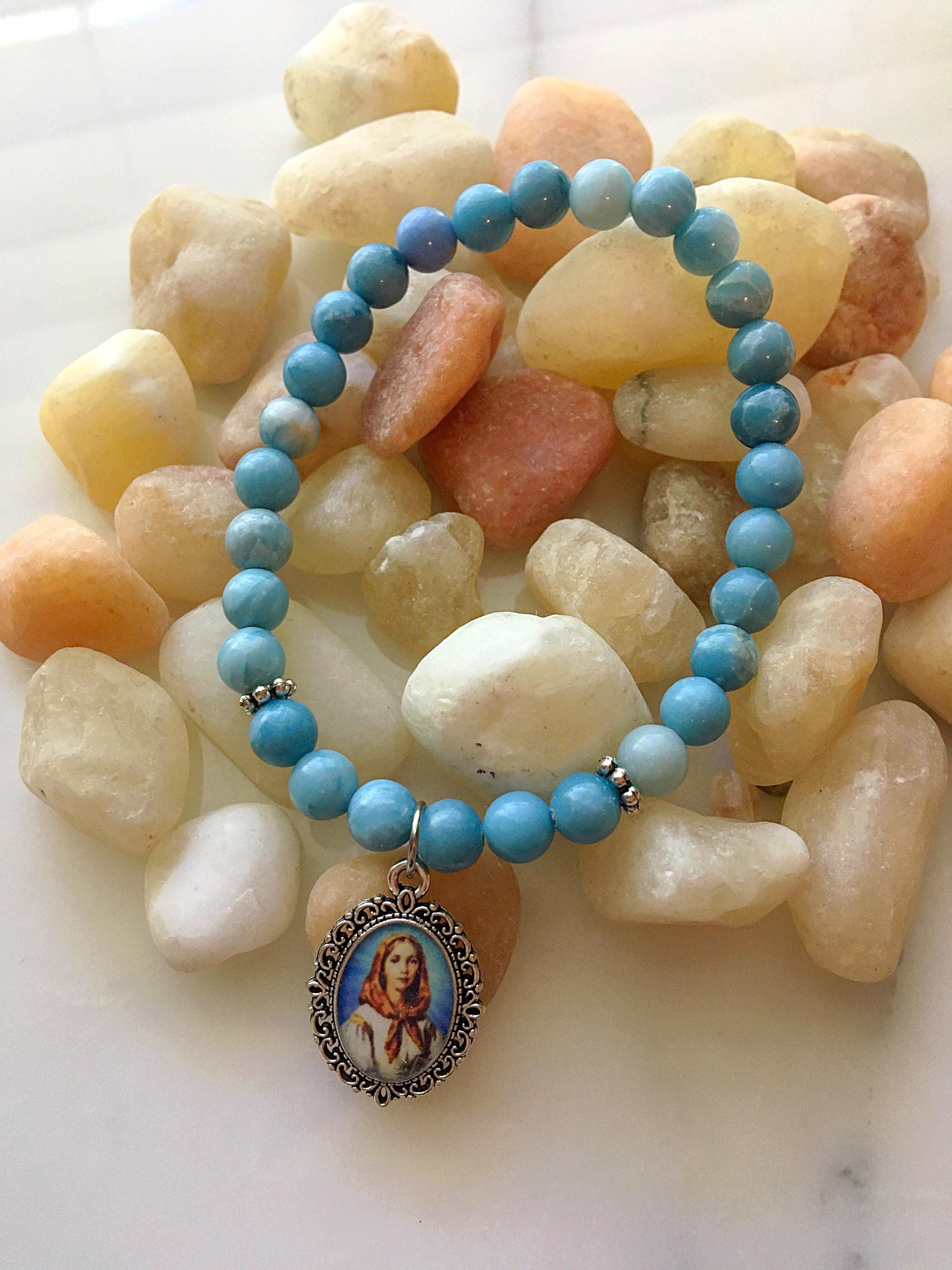 St. Dymphna Bracelet, Blue Quartz Saint Dymphna Stretch Bracelet, Catholic Gifts, Irish Saint, Patron Saint Jewelry, Mental Health Saint