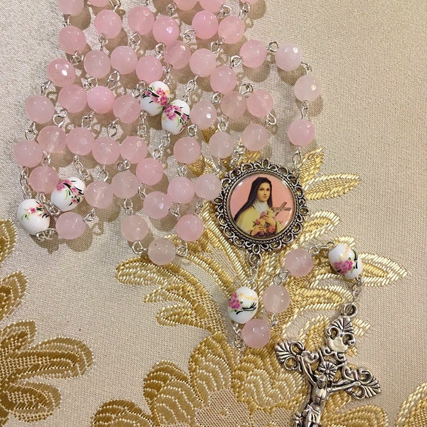 Light Pink Jade St. Thérèse Rosary, Pink Ceramic Floral Bead Vintage French Style Rosary, 8mm Pink Saint Theresa Little Flower Rosary