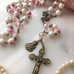 St. Thérèse Bronze Pink Floral Ceramic Bead Rosary, Pink Rose Little Flower Catholic Rosary Beads, Vintage French Style Rosary image 6