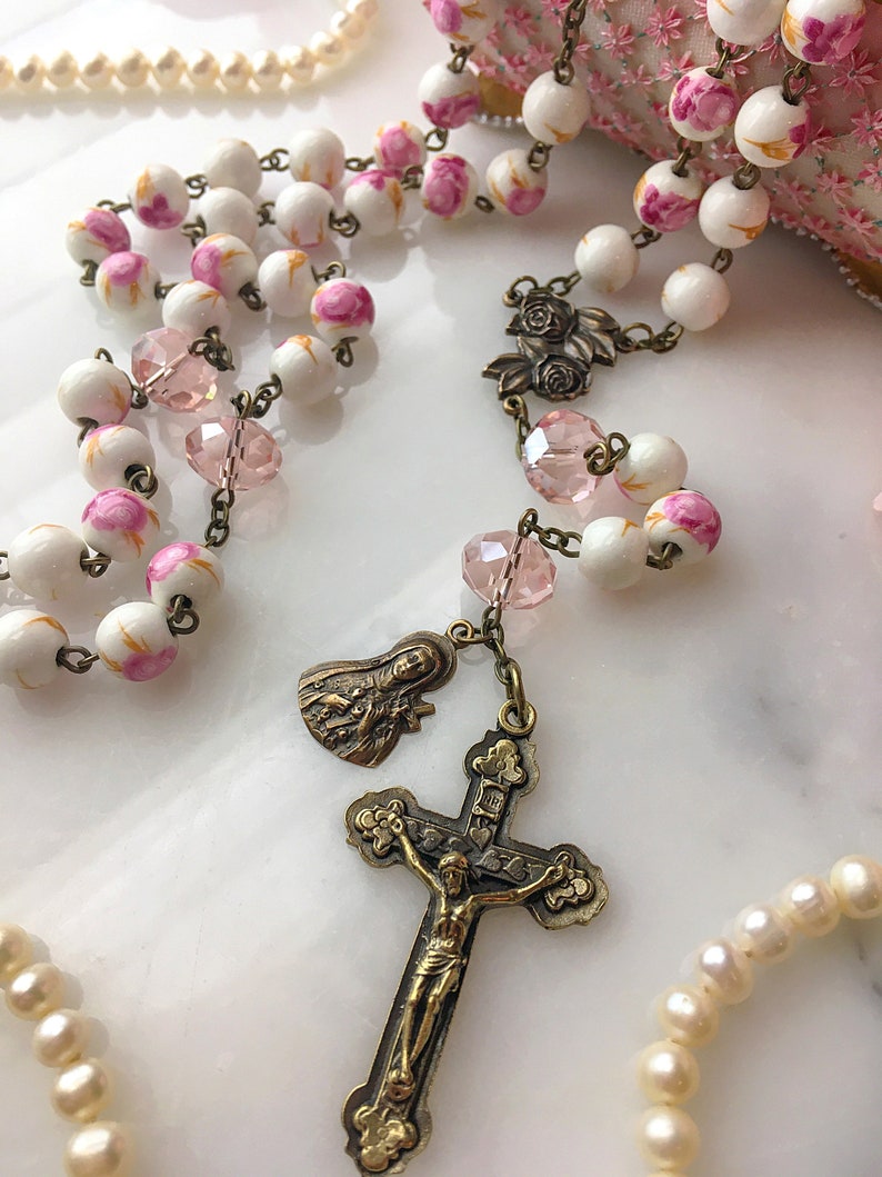 St. Thérèse Bronze Pink Floral Ceramic Bead Rosary, Pink Rose Little Flower Catholic Rosary Beads, Vintage French Style Rosary image 6