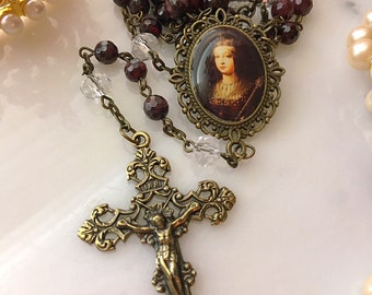 Queen Isabella of Castile Rosary, Garnet and Crystal Bronze Queen Isabel The Catholic Rosary Beads, Red Vintage Style Gemstone Rosary 6mm