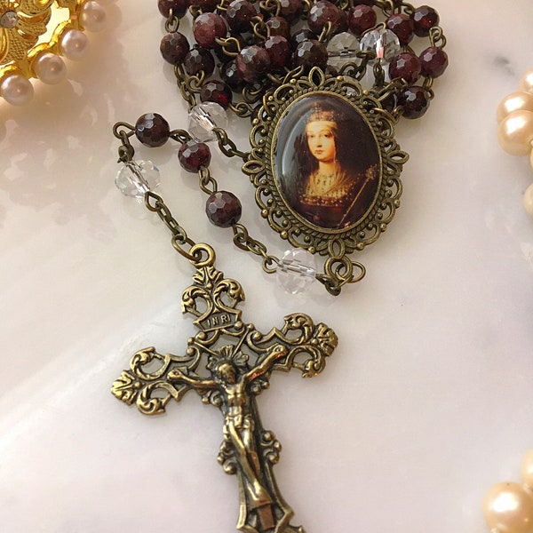 Queen Isabella of Castile Rosary, Garnet and Crystal Bronze Queen Isabel The Catholic Rosary Beads, Red Vintage Style Gemstone Rosary 6mm