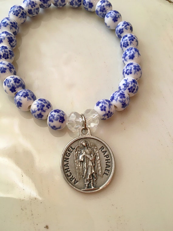 Raphael Stretch Bracelet, Blue Floral Archangel Raphael