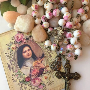 St. Thérèse Bronze Pink Floral Ceramic Bead Rosary, Pink Rose Little Flower Catholic Rosary Beads, Vintage French Style Rosary image 1