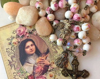 St. Thérèse Bronze Pink Floral Ceramic Bead Rosary, Pink Rose Little Flower Catholic Rosary Beads, Vintage French Style Rosary