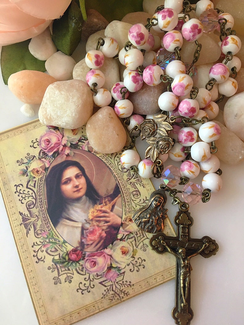 St. Thérèse Bronze Pink Floral Ceramic Bead Rosary, Pink Rose Little Flower Catholic Rosary Beads, Vintage French Style Rosary image 1