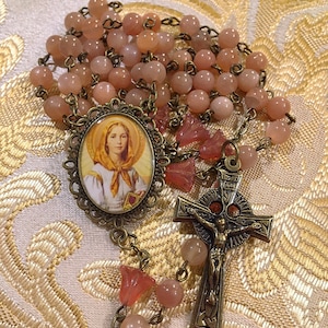Bronze St. Dymphna Sunstone Rosary with Czech Glass, Lily of Eire, Vintage Style St. Dymphna Custom Rosary, Celtic Crucifix