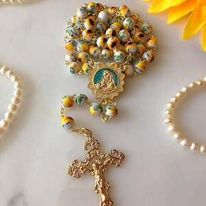 Gold Sunflower Rosary, Ceramic Floral Rosary, Yellow Flower Rosary, Catholic Gifts, Virgin Mary with Child Jesus Rosary