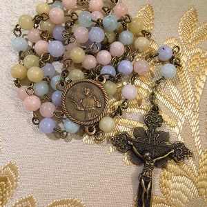 Handmade Bronze St. Francis of Assisi Rosary, Pink & Blue Morganite Gemstone Saint Francis Catholic Vintage Style Rosary Beads