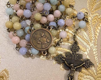 Handmade Bronze St. Francis of Assisi Rosary, Pink & Blue Morganite Gemstone Saint Francis Catholic Vintage Style Rosary Beads