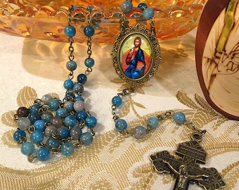 Jesus Christ Pantocrator Bronze Gemstone Rosary, Blue Natural Apatite Gemstone Catholic Rosary, Jesus Byzantine Icon Rosary, Pardon Crucifix